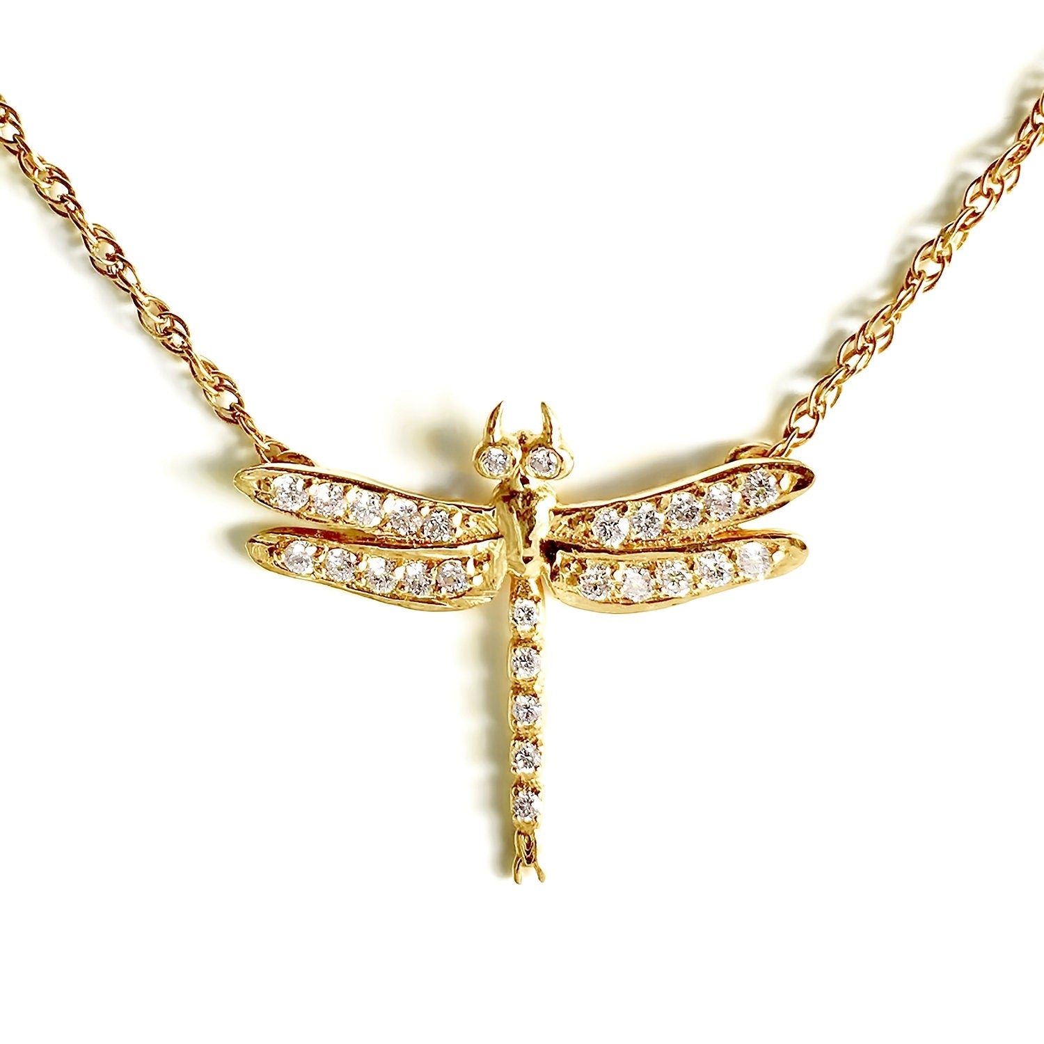 Diamonds 14k Gold Small Dragonfly Pendant Necklace Necklaces & Pendants My Store