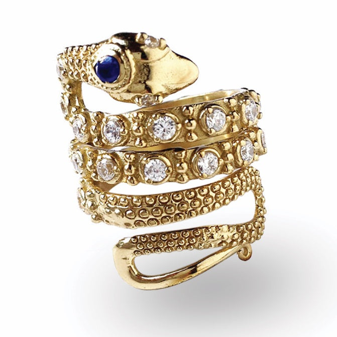 Large Snake Ring | 24k Yellow Gold | Blue & White Sapphires Rings J.HERWITT