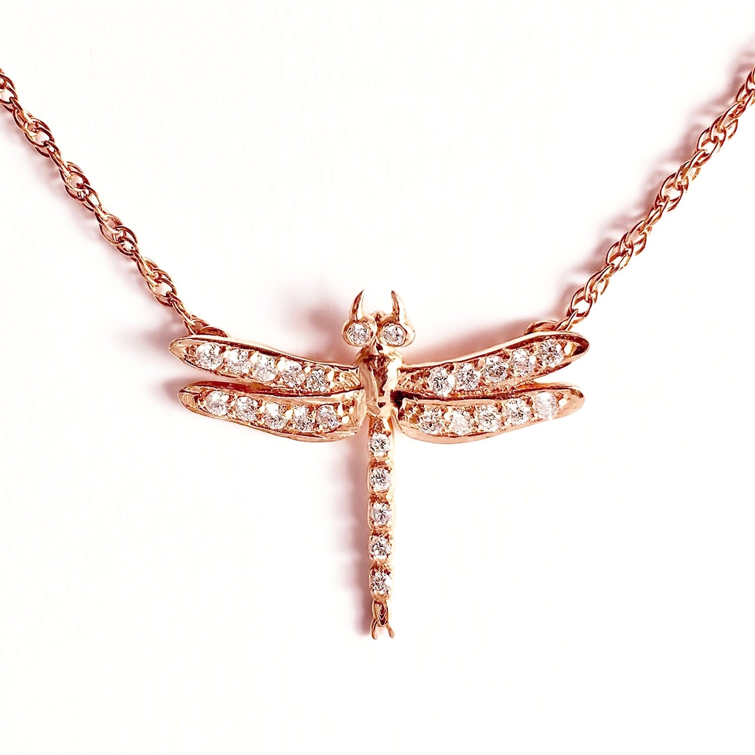 Diamonds 14k Rose Gold Small Dragonfly Pendant Necklace Necklaces & Pendants My Store