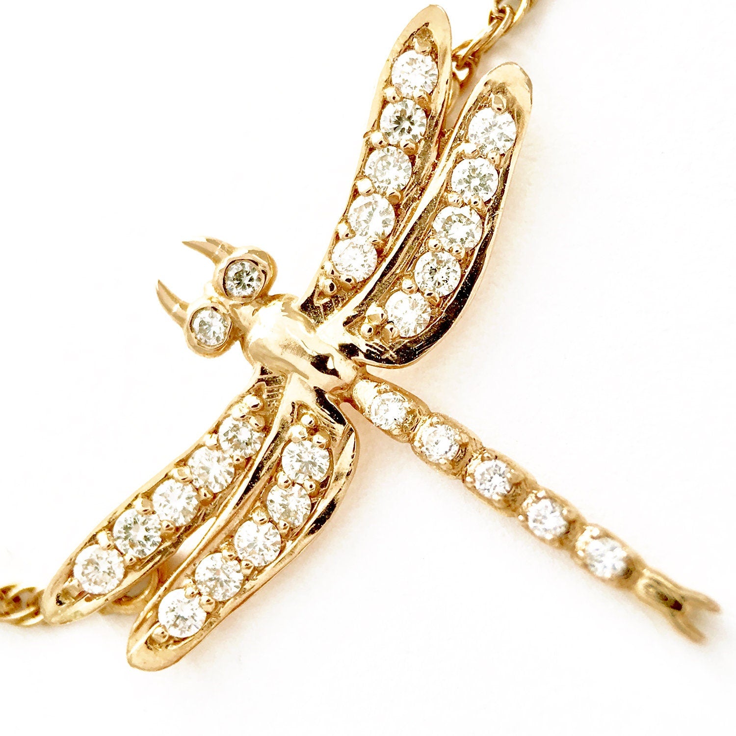 Diamonds 14k Gold Small Dragonfly Pendant Necklace Necklaces & Pendants My Store